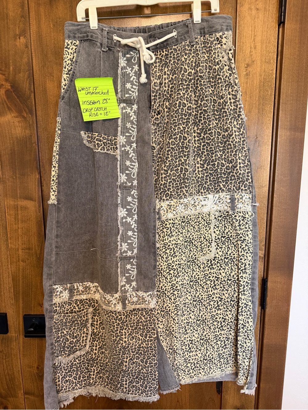 POL patchwork leopard lace denim wide leg pants size L - NEW